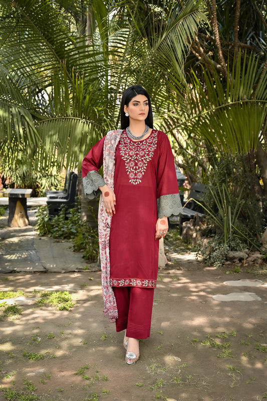 3Pcs Mhroon Embroidred - Perfect Stitches By Maryam