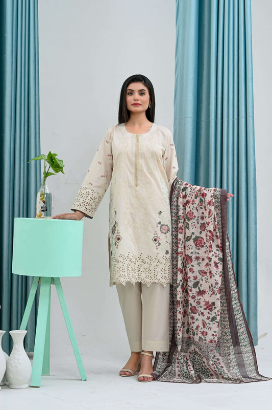 Model showcasing a 3-piece skin embroidered lawn suit with delicate floral design and soft fabric, perfect for elegant occasions.