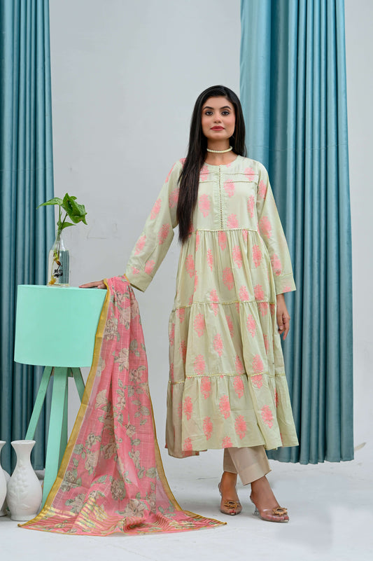 Light green frock with pink dupatta on model, showcasing elegant design and casual charm by Perfect Stitches by Maryam.