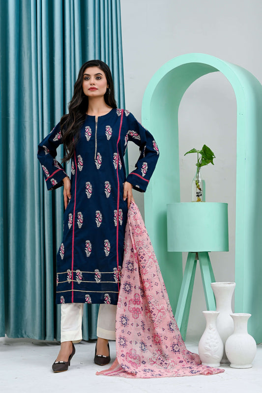 Elegant navy blue shirt with floral design, paired with a pink dupatta, showcasing stylish everyday wear.