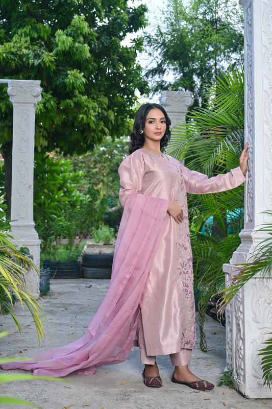 Tea Pink Raw Silk Embroidered - Perfect Stitches By Maryam