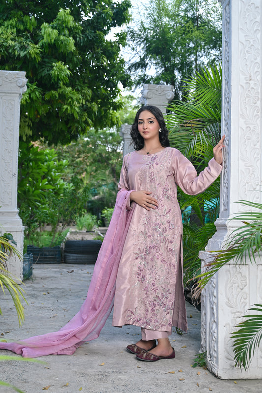 Tea Pink Raw Silk Embroidered - Perfect Stitches By Maryam