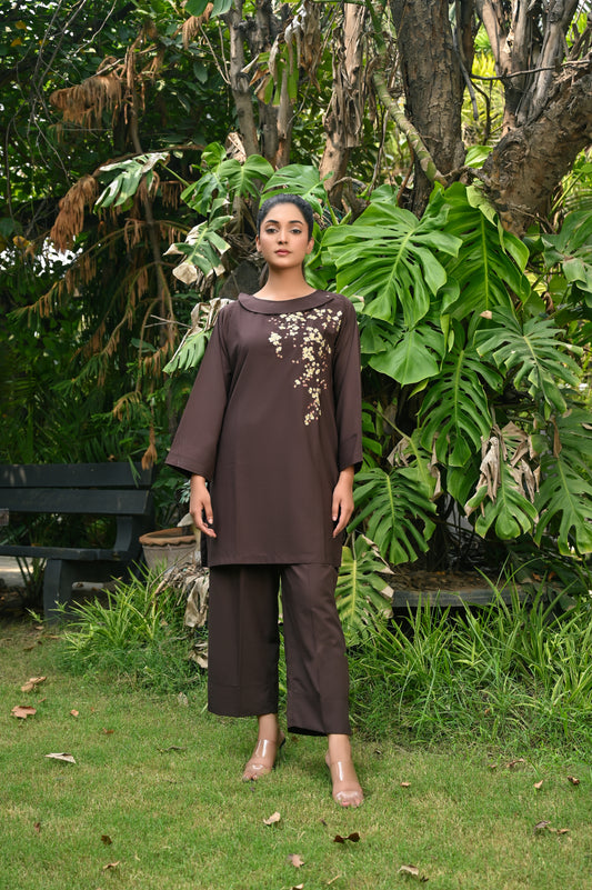 2-Piece Plum Brown Embroidered Co-Ord Set – Perfect Stitches By Maryam
