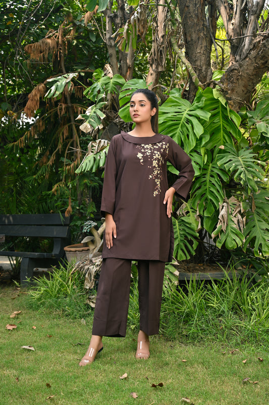 2-Piece Plum Brown Embroidered Co-Ord Set – Perfect Stitches By Maryam