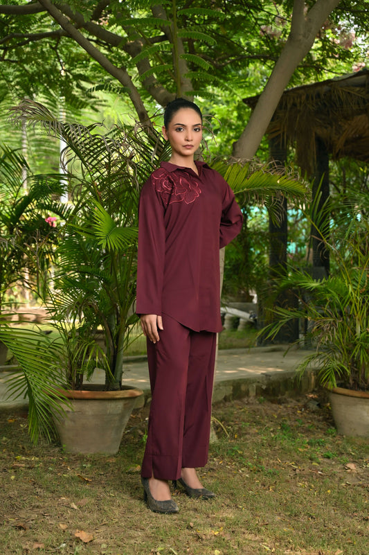 2-Piece Mehroon Embroidered Co-Ord Set – Perfect Stitches By Maryam