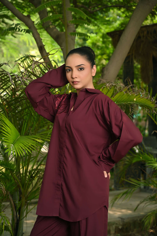 2-Piece Mehroon Embroidered Co-Ord Set – Perfect Stitches By Maryam