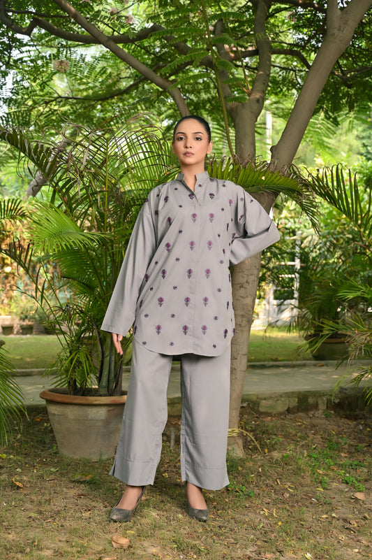 2-Piece Gray Embroidered Co-Ord Set – Perfect Stitches By Maryam