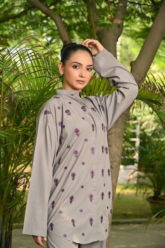 2-Piece Gray Embroidered Co-Ord Set – Perfect Stitches By Maryam